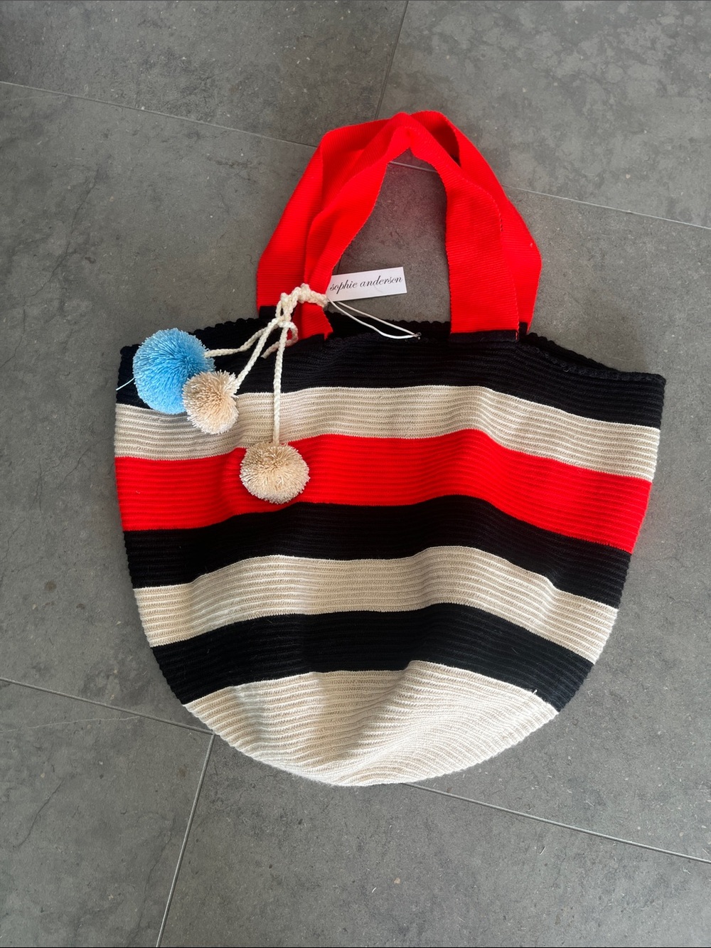 Striped Pom-Pom Tote Bag - Red, Black & Cream
